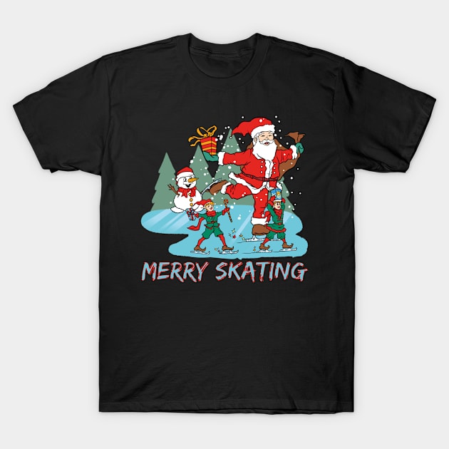 Funny Ice Skating Santa With Christmas Elves Xmas T-Shirt by gdimido